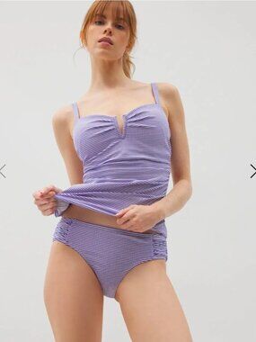 Soma Swim Tankini Top (M) & Ruched Bikini Bottoms (L) in Blue Seersucker, NWT